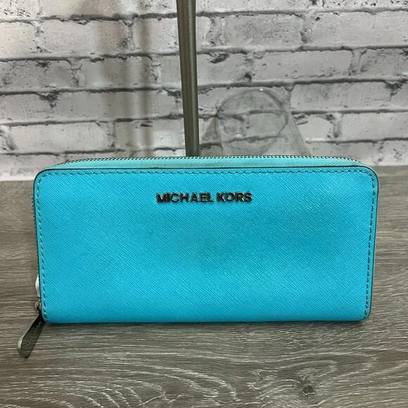 Michael Kors Jet Set Large Continental Zip Around Wallet Teal - Picture 1 of 5